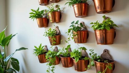 a wall mounted planter set built from old tin baking molds, sprayed matte copper and hung in staggered rows, each holding small trailing plants for a vertical indoor garden experience.