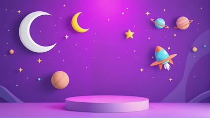 Fototapeta premium 3d kid background. Galaxy space podium, rocket planet and toy spaceship as star children products promo presentation, birthday room. Cute cartoon childish banner backdrop. Vector showcase