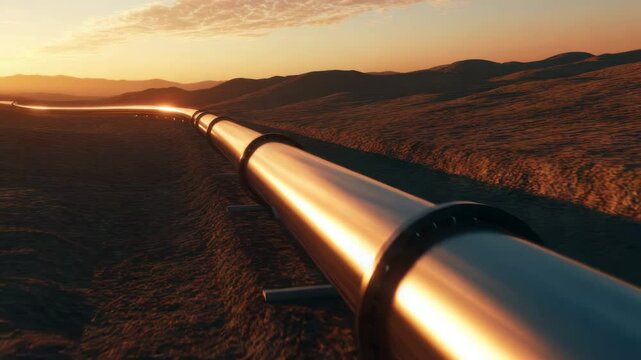Oil pipeline desert landscape sunset with glowing metal surface and long metallic pipeline stretches across barren landscape reflecting warm light creating dramatic energy industry infrastructure