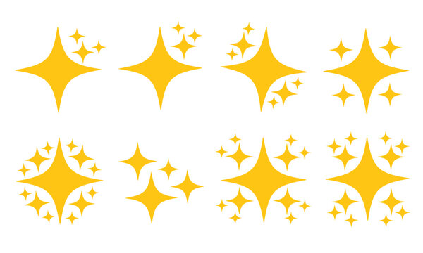 Set of shiny star icons, flat style, with golden yellow color