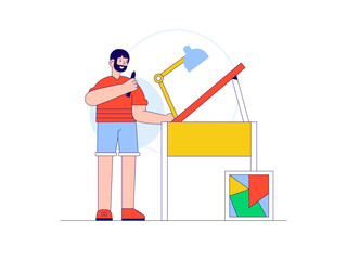 Professional painter man preparing to do artwork in his workspace. Craft illustration. Character design. Flat vector illustration.