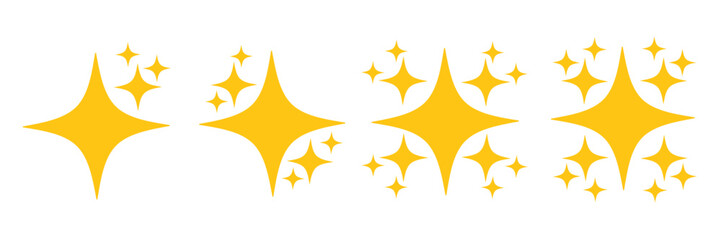 Set of shiny star icons, flat style, with golden yellow color