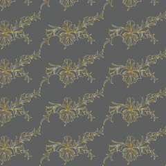 Elegant floral pattern with gold outlines on a dark grey background for seamless design