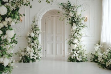 Ornate white room, arched doorway adorned with lush white floral arrangements flanking either side, creating a romantic, elegant atmosphere