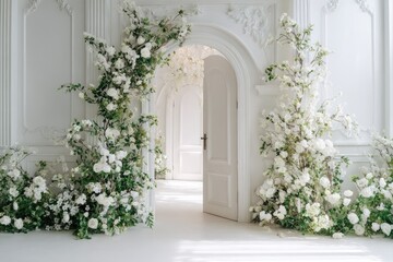 White floral archway framing an open doorway in a bright, ornate, white room.  Sunlight streams in, illuminating the scene