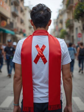 Persona portando el lazo rojo en solidaridad con el VIH