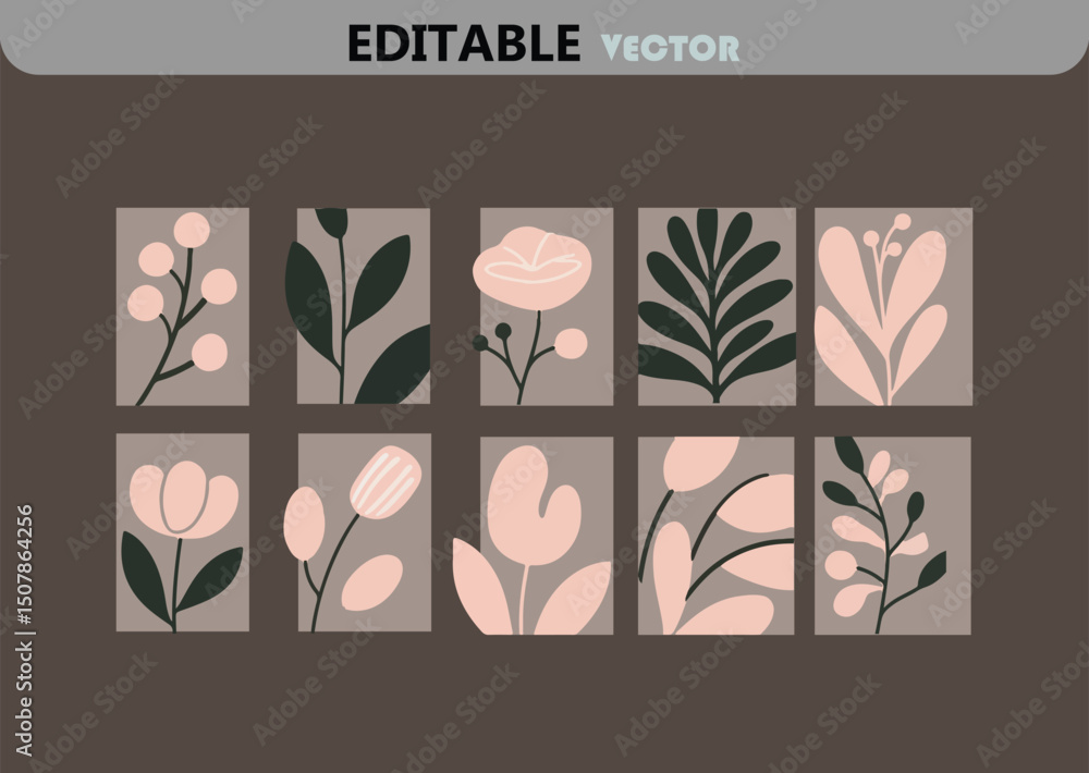 Poster botanical vector set with flowers and leaves in a minimalist style perfect for creating patterns bac