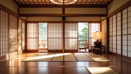 Obraz premium Serene Japanese-style interior with tatami mats and shoji screens creating a tranquil atmosphere