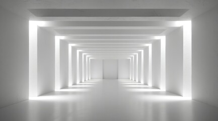 A long, white corridor with bright, rectangular light fixtures recessed into the walls, creating a glowing, minimalist effect. The floor and walls are seamless, leading to a distant, bright end