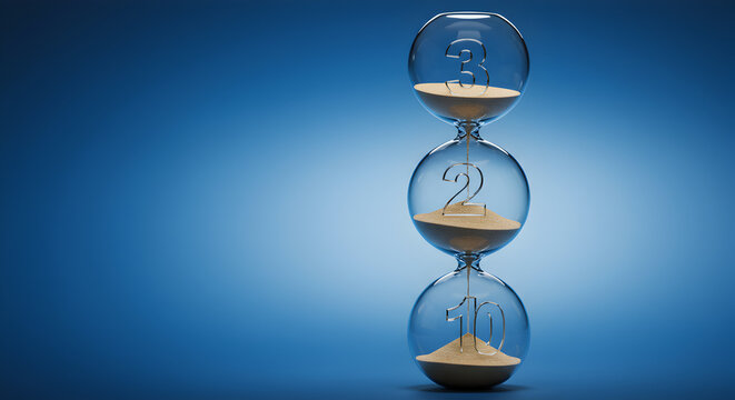 Dramatic Hourglass Sand Flowing in Three Chambers on Blue Backdrop Symbolic of Time Countdown Measurement and Rendered Illustration