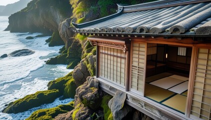 Serene Japanese house perched dramatically on a moss covered coastal cliffside