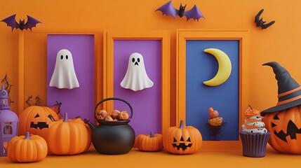 Obraz premium Halloween themed scene with decorative pumpkins, ghosts, and a spooky cupcake.