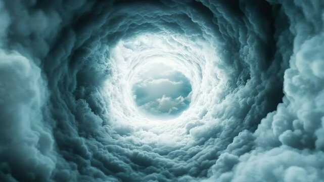 Dramatic swirling cloud formation with bright light and fluffy clouds creating mysterious sky vortex and circular tunnel effect with glowing center