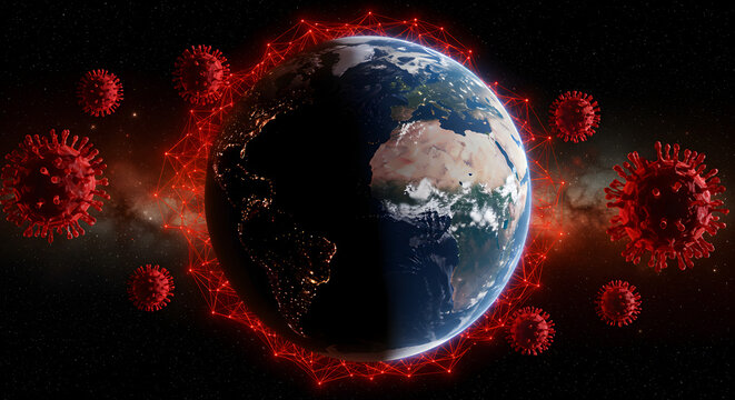 Earth Surrounded by Coronavirus Particles with Red Ring in Dark Starry Background Depicting Global Health Crisis