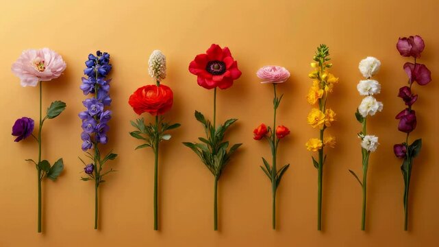 Ten Colorful Flowers Arranged in a Row on a Gold Background