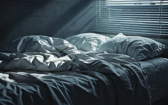 Soft, rumpled bedding in a sunlit room with shadows casting across the pillows and sheets