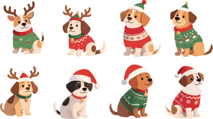"Cute Christmas puppies wearing festive holiday sweaters and Santa hats, adorable  dogs with reindeer antlers isolated on white"

flat vector illustration