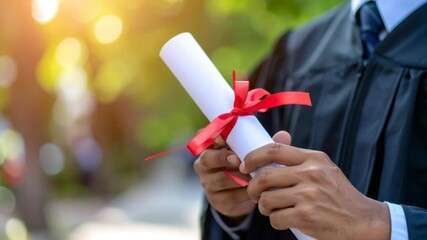 Close-up of hand holding diploma tied with red ribbon
