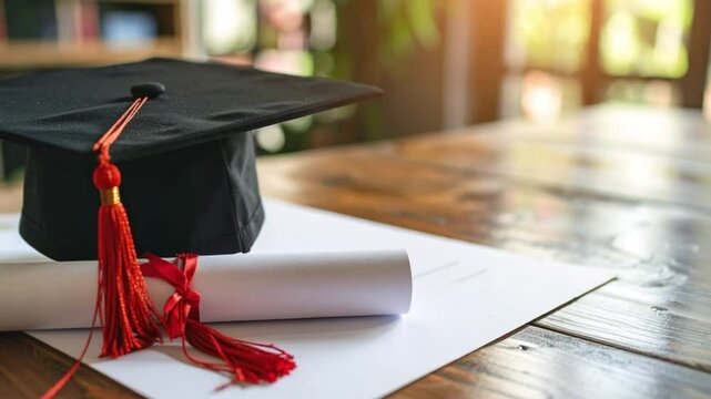 Graduation cap and diploma on rustic wooden table