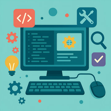 An illustration of computer programming, software development, and technology tools including coding, gears, and digital interface elements.