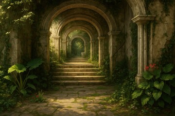 Fototapeta premium 緑に覆われた石造りのアーチと階段の風景