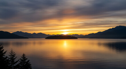 Golden Sunrise over Serene Island Lake Mountain Silhouette Peaceful Nature Scene
