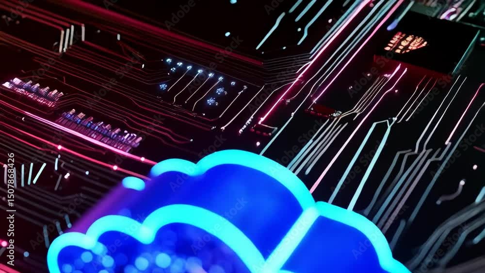 Poster futuristic blue glowing cloud computing icon on integrated circuit board with processor, symbolizing