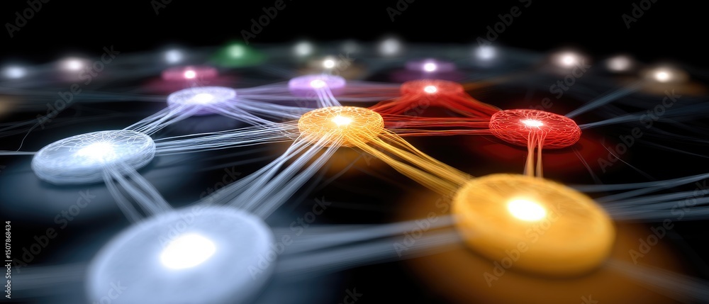 Aufkleber business strategy communication concept. abstract network design with glowing nodes and connections 