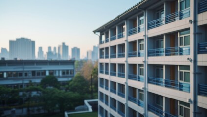 Naklejka premium Urban apartment building with cityscape view on a bright morning cityscape