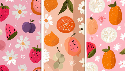 Modern Fruit & Floral Seamless Patterns � Hand-Drawn Textured Designs for Contemporary Paper, Fabric, and Wall Coverings