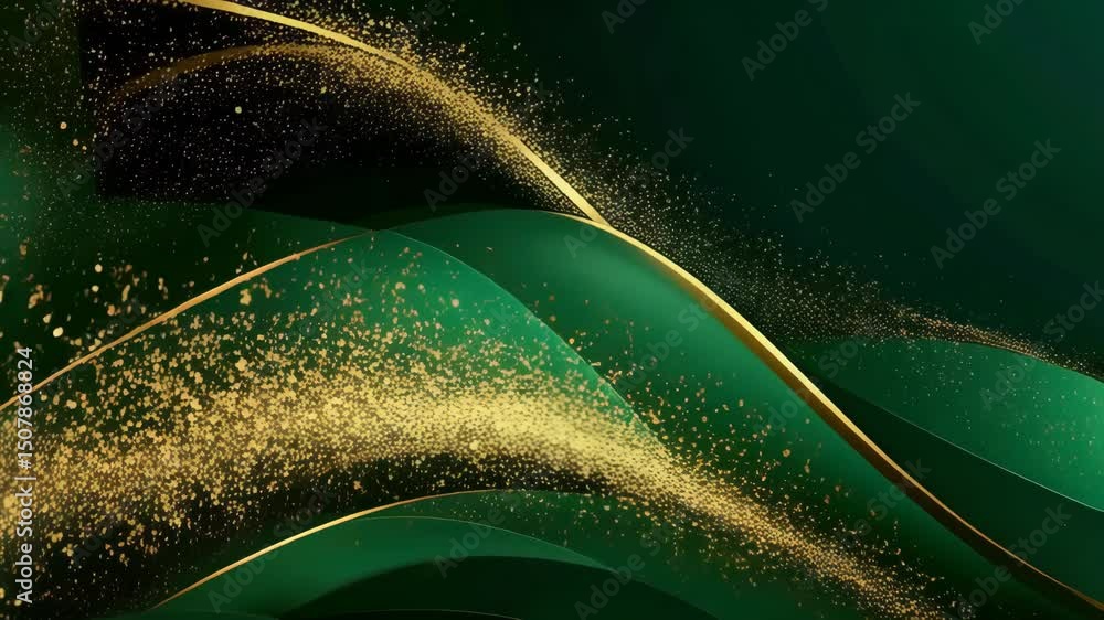 Poster emerald green abstract background with dynamic golden lines and shimmering particles, elegant and mo