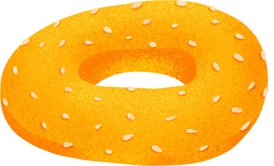 Delicious Sesame Bagel Bread. Cute Cartoon Dessert Pastry Illustration with Grain Texture and Vibrant Color, Transparent Background