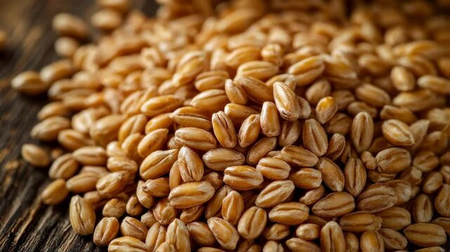 Close-up of Organic Farro Grains on Rustic Wooden Surface