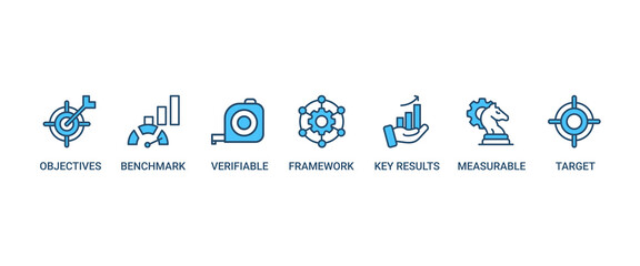 OKR banner web icon set vector illustration concept for objectives and key results with icon of objective, key results, target, framework, benchmark, measurable, and verifiable