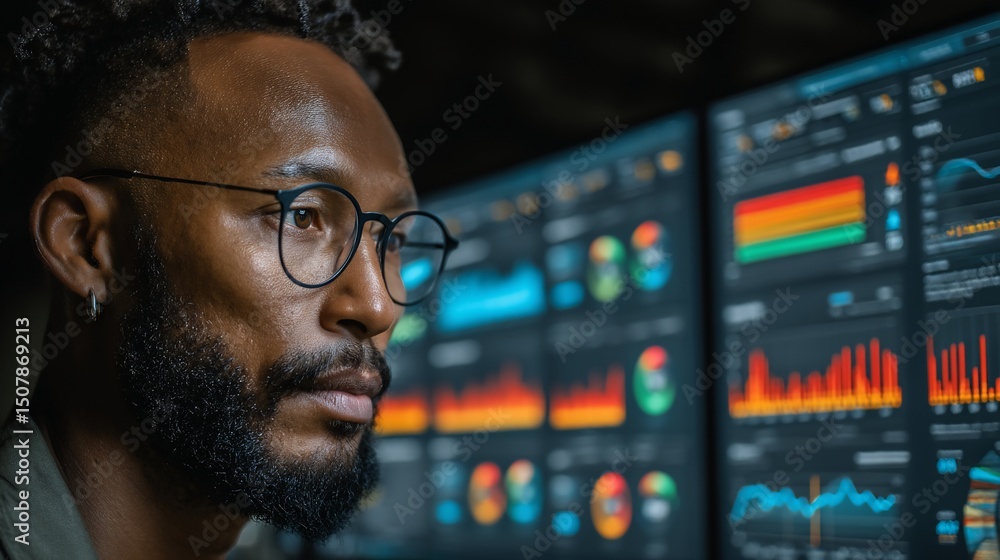 Poster focused man intently analyzing data on multiple monitors