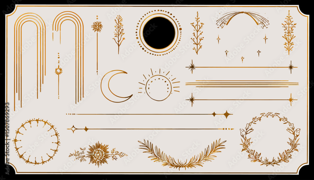 Poster vector set of simple linear boho arch and border design elements, logo templates, and frames for soc