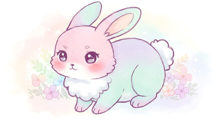 Adorable Pastel Bunny Rabbit Illustration Cute Cartoon Animal in Flowers Springtime Design