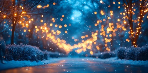Snowy night stroll with twinkling lights winter park photography magical atmosphere serene viewpoint