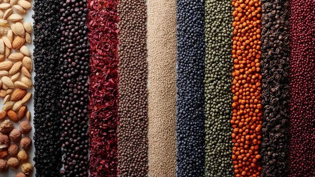 Vibrant Collection of Seeds, Grains, and Nuts Arranged in Parallel Lines