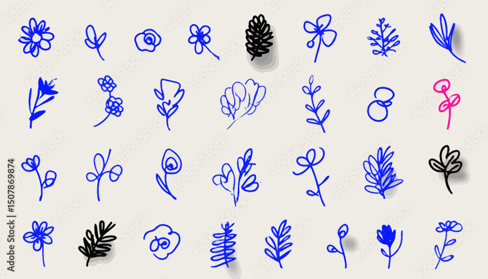 Poster vector set of minimalist flowers doodles scribbles abstract background elements for branding packagi