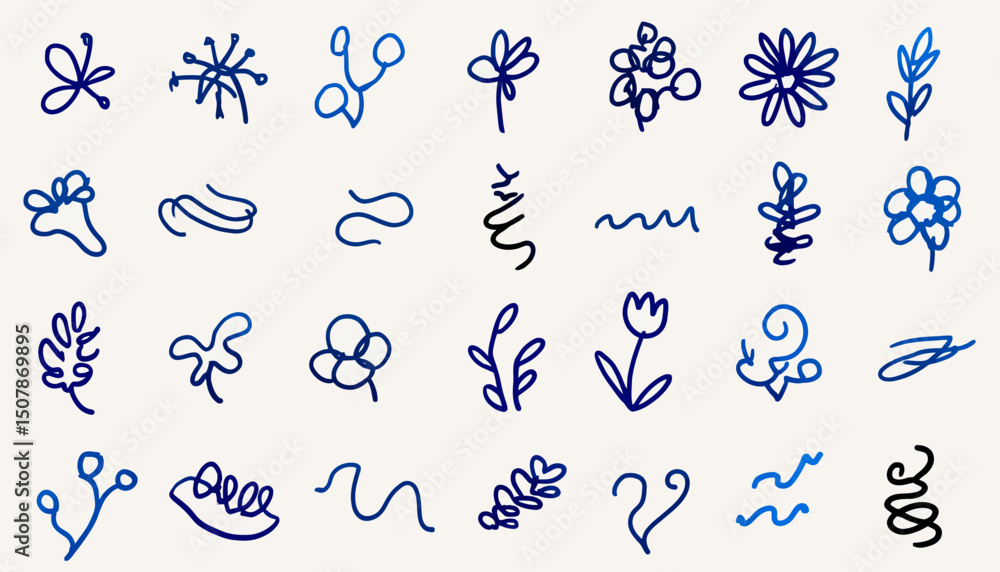 Poster minimalist vector set of flowers doodles scribbles abstract background elements for branding packagi