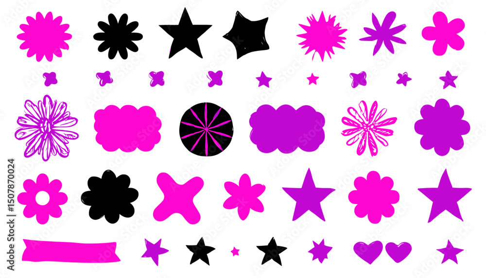 Poster vector set of stickers scribbles and doodles simple linear hand drawn style stars minimal design ele