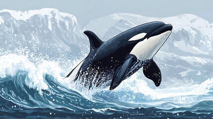 Fototapeta premium Orca leaping through a wave in the icy sea.