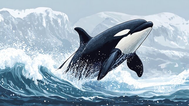 Orca leaping through a wave in the icy sea.