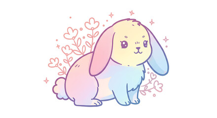 Fototapeta premium Adorable Pastel Rainbow Bunny Rabbit with Flowers Cute Cartoon Illustration for Kids