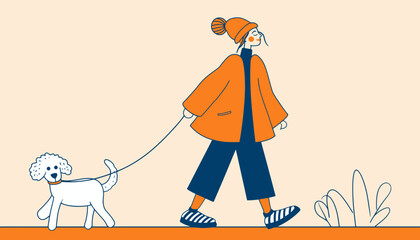 Minimal Line Style Vector Illustration � Girl Walking Dog on a Leash, Friendly Character and Mascot Design