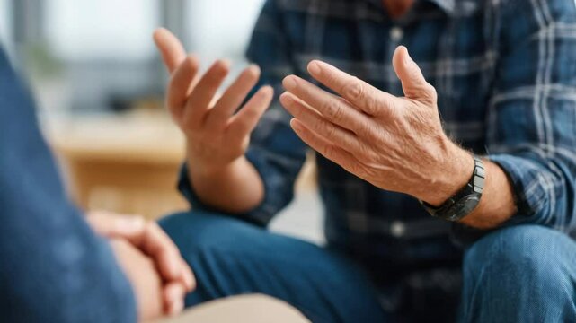 Mature man plaid shirt and watch uses expressive hand gesture during serious conversation indoors, focusing communication, support, and advice close up of hands gesturing highlights mature male