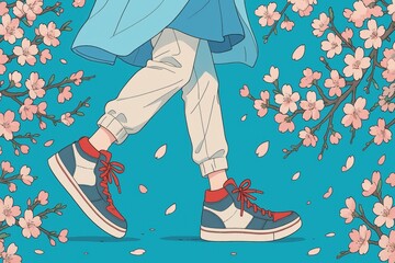 桜の背景を歩く女性の足元、スニーカーを履いたカジュアルなスタイル