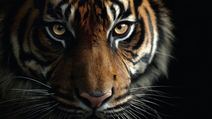 Fototapeta premium Tiger face close up with striking eyes and dark background.