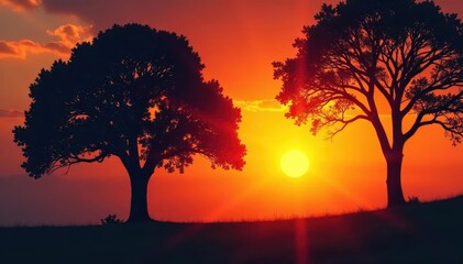 Fototapeta premium Silhouetted trees against fiery sunset, fresh green spring leaves, red, horizon